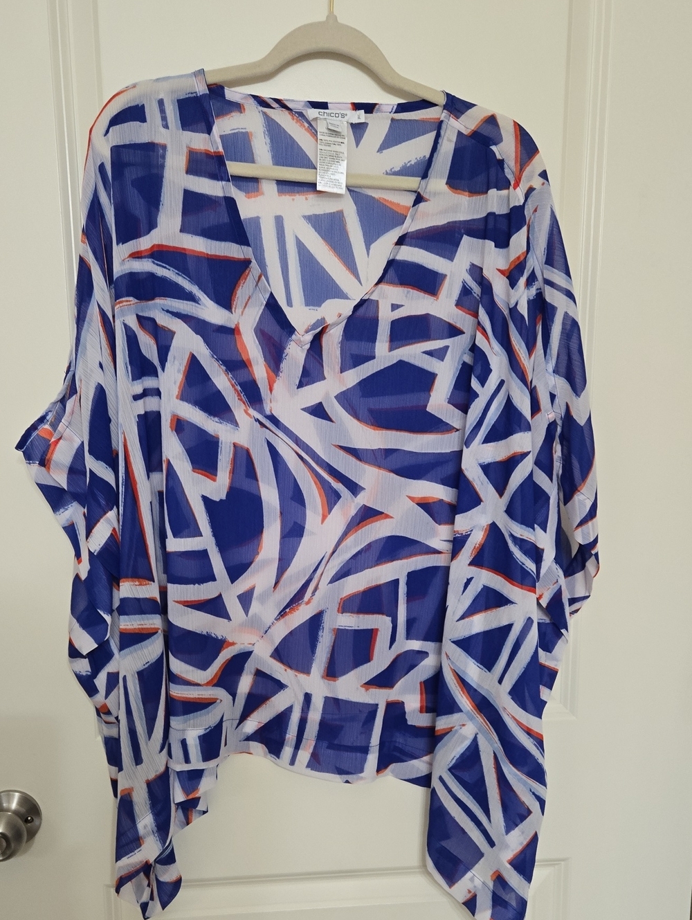 Chico's Blue and White V-Neck Tunic with Red Brush Accents